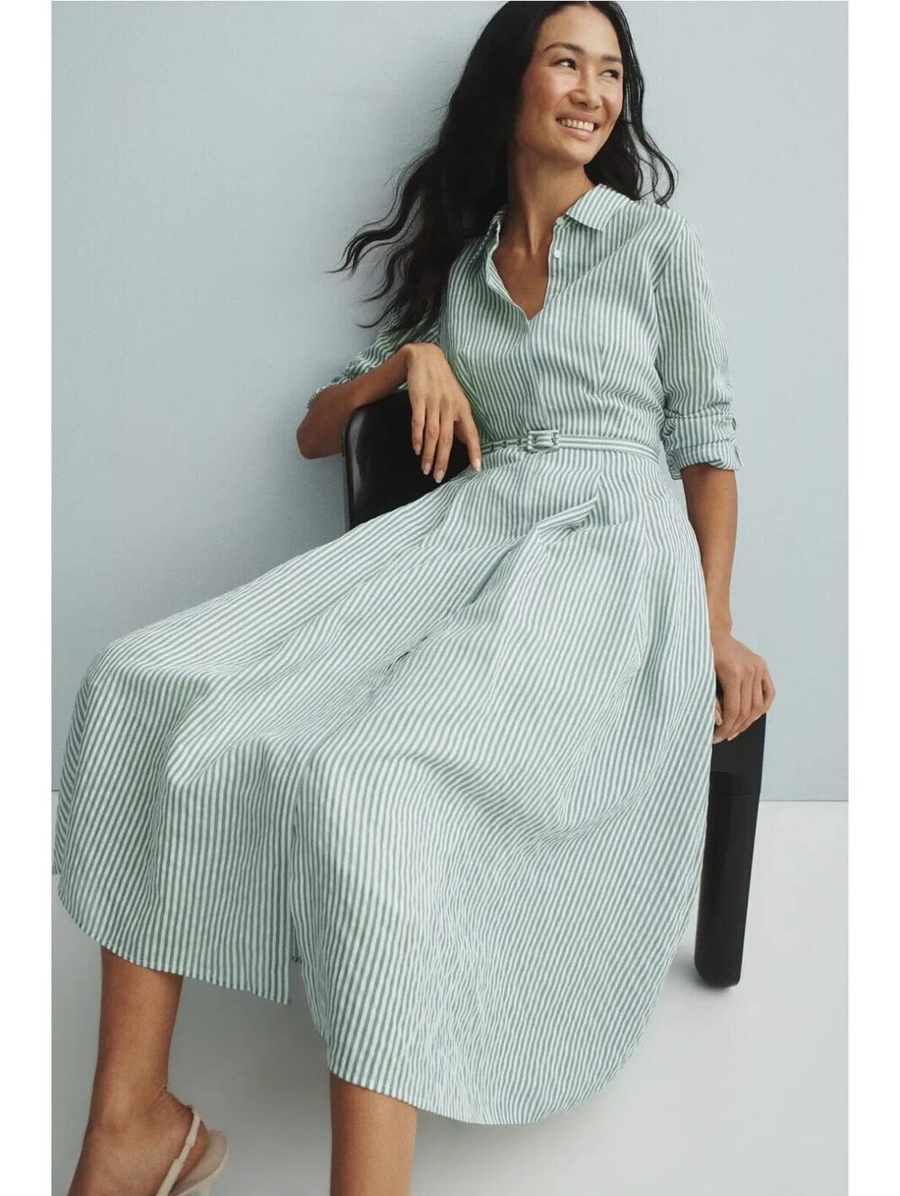 Ted Baker Lynn Striped Shirt Dress Midi Green White Size 6 Collared Pockets